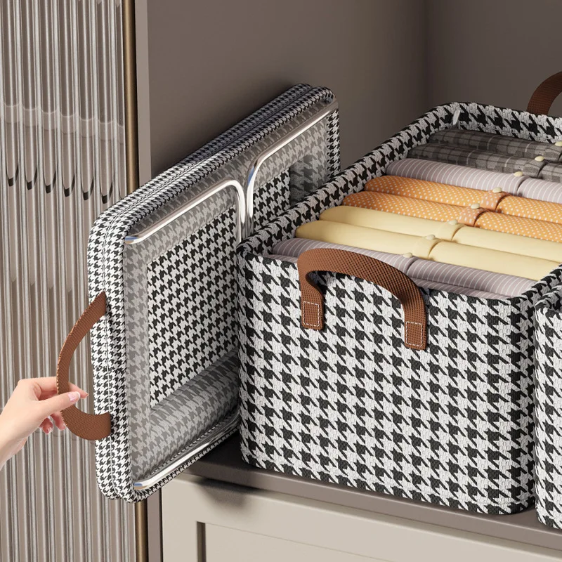 Houndstooth Fabric Storage Basket Wardrobe Folding Storage Bins with Double Handle & Dust Cover for Clothes Home Sundries