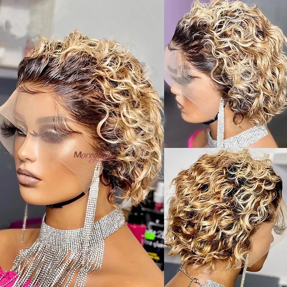 Pixie Cut Wig Honey Blond Water Deep Wave Lace Wig Afro Curly Short Bob Human Hair Wigs Natural Color Lace Front Wig For Women_voghion.com
