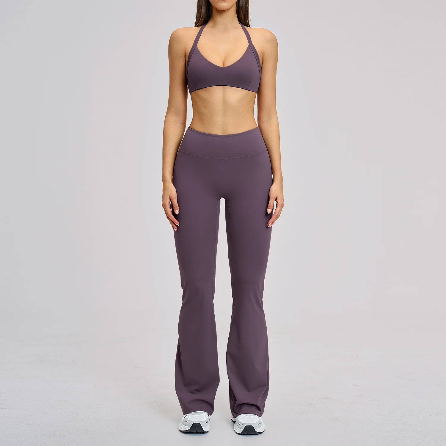 Brushed Spandex/Nylon Solid Yoga Suit Halter Neck Breathable Full Length Hollow 2-piece  detail