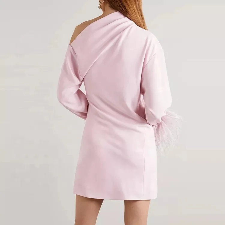 Best Selling Luxury Vestidos De Fiesta Noche De  Fiesta Formal Mujer Pink Asymmetrical Evening Dress With Feather