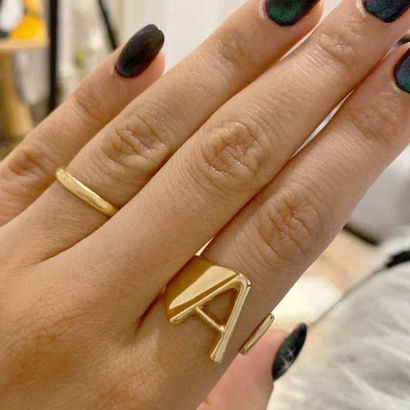Initial Ring Statement Gold Plated Fashion Cuff Rings for Women Alphabet  Letter a to Z Resizable Knuckle Ring
