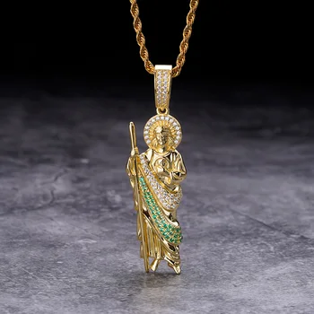 iced out religious tadeo Jude brass silver 14k gold Two Tone Gold green white cz San Judas Big Pendant