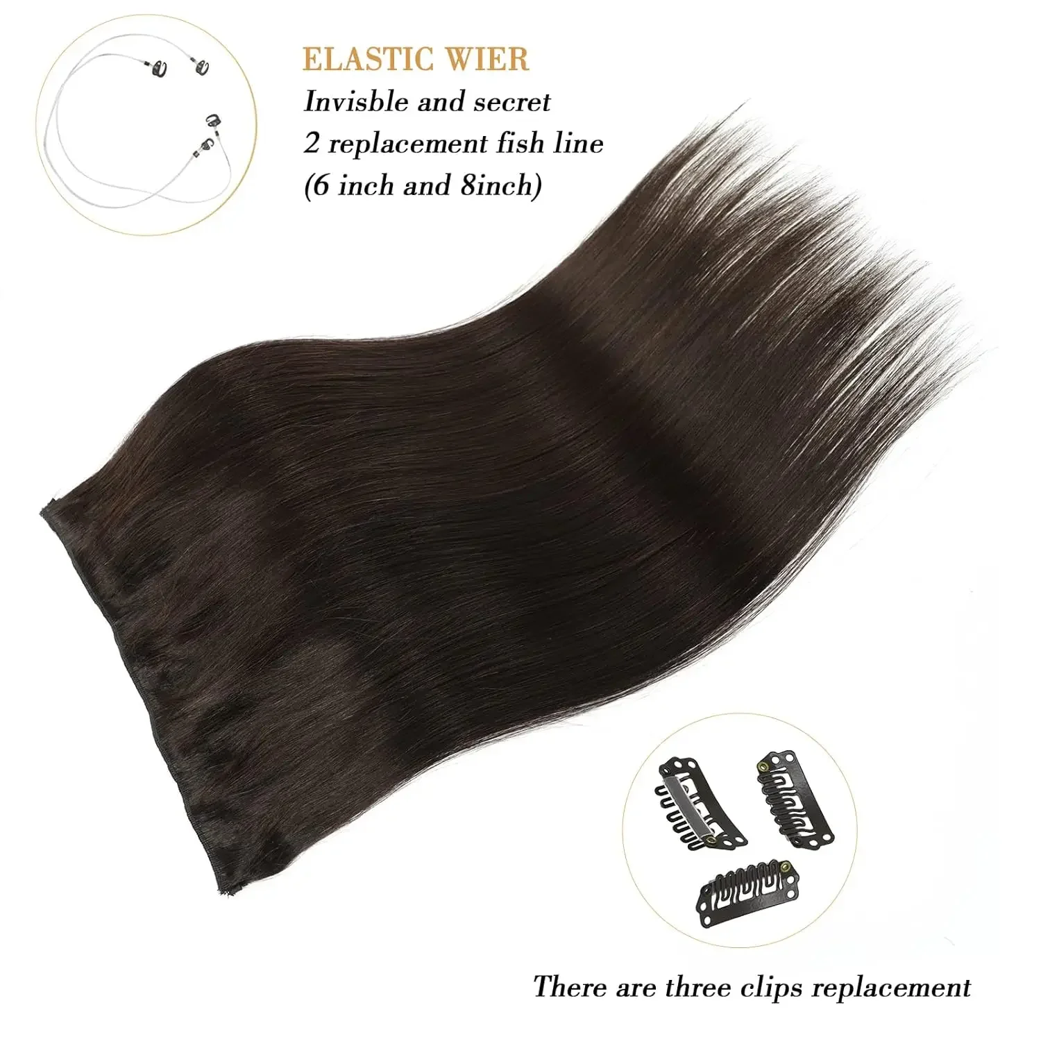 Echthaar-Haarverlängerungen mit Fischdraht, glatt, Remy, ein Haarteil für den ganzen Kopf_voghion.com