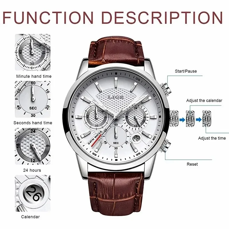 LIGE Orologi da uomo moda sport impermeabile cronografo analogico al quarzo business casual calendario in pelle quadrante nero/bianco Rosa