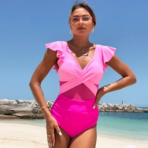 Plus Size Eco-friendly One Piece Swimsuit for Women Spandex/Polyester Mesh Patchwork Ruffled Sleeves Tummy Control Beachwear