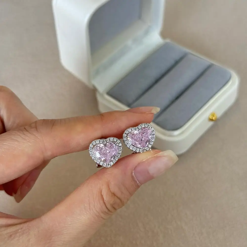 KAKODIY Stock Luxury Jewelry Stud Earrings Sterling Silver 925 Sterling Silver Pink 8A Zircon Heart Stud Earrings detail 3