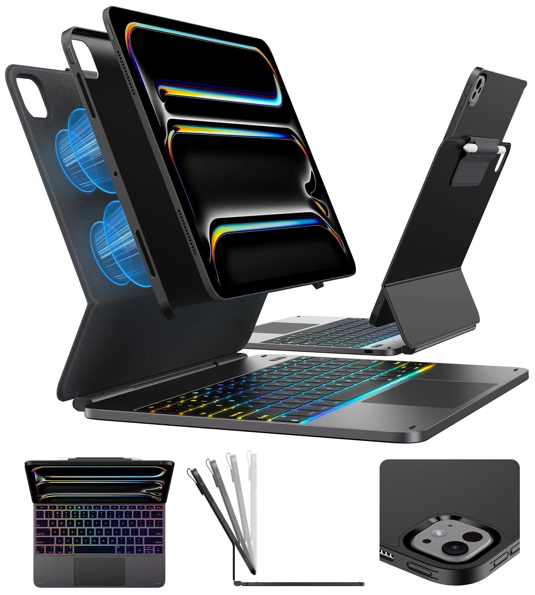 Edge+ Housse Clavier pour iPad Pro 13'' (M5/M4) Noir Spatial, Support Magnétique Flottant Multimode avec Rétroéclairage 7 Couleurs et Grand Pavé Tactile