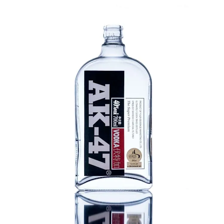 Flat Shape 700ml AK 47 Vodka Glass Bottle with Silver Caps