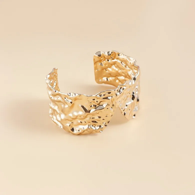 Ins Fashion Punk Exaggerated Geometric Pleats Irregular Real 10k Gold Opening Cuban Bracelet Jewelry for Women