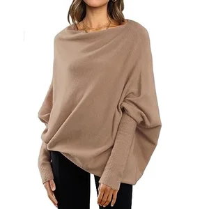 Womens Long Batwing Sleeve Design Oem Customizable Boat Neck Tunic Tops 2023 Fall Baggy Slouchy