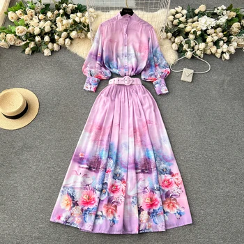 LE2099 Gentle Temperament Holiday Style Stand Collar Lantern Long-Sleeved Shirt High Waisted Large Swing Printed Skirt