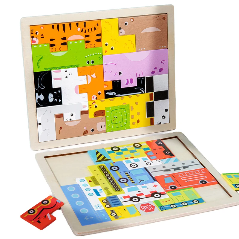 unisex drewniane puzzle ze zwierzętami drogowymi 3D zwierzęta bloki PUZZLE dla małych dzieci kształt deski pasujące zabawki edukacyjne