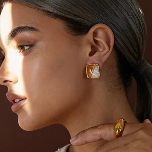 Ilona Vintage Caramel Color Stainless Steel Stud Earrings Simple Square Statement Resin Non Tanish Earrings for Women