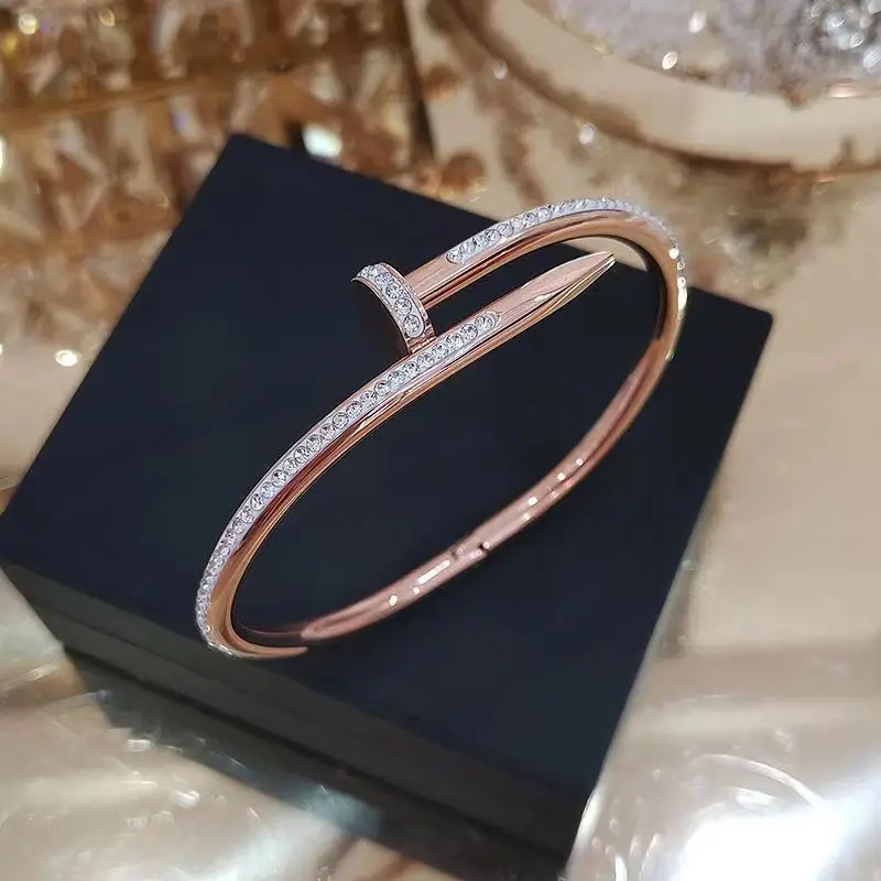Designer Inspired Jewelry Branded Non Tarnish 18k Pvd Gold Plated Stainless Steel Cz Diamond Nail Bangle Bracelet  for Women