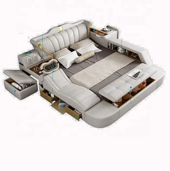 French Royal Upholstered Smart Bed Modern Super Kingsize Storage Luxury Leather Bedroom Furniture queen-size Free Sample