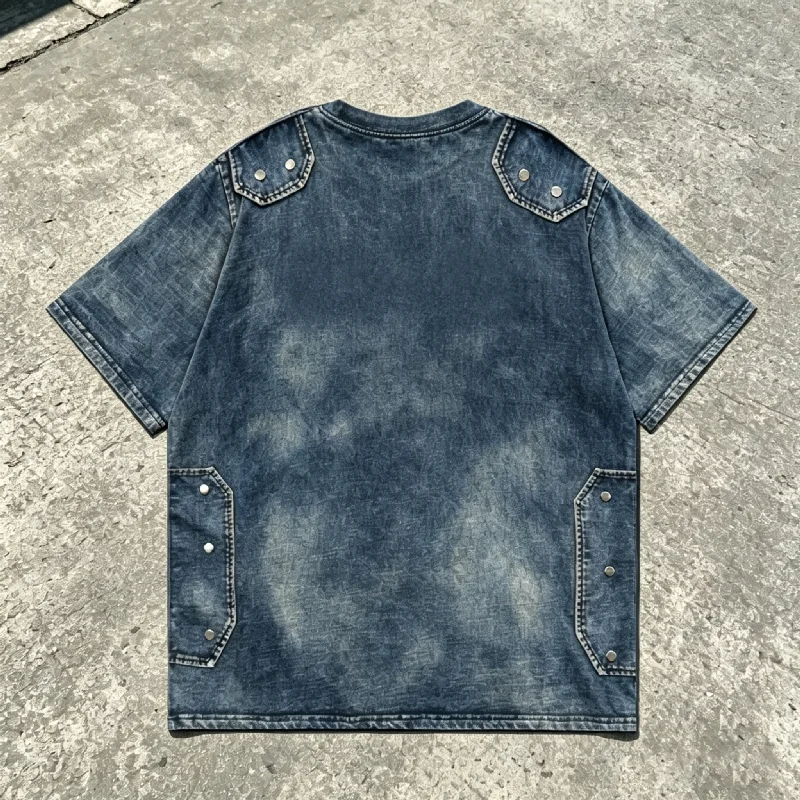Custom Summer 100% Cotton Distressed Short-Sleeve Silk Screen T-Shirt Embroidery Rhinestones Vintage Stone Wash Studs Men's gallery 2