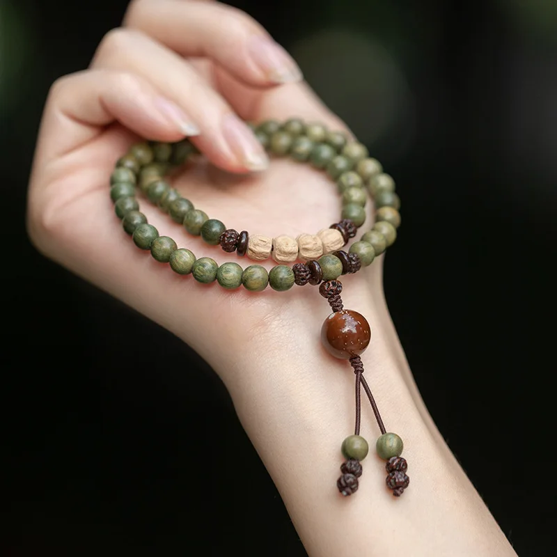Green Palo Santo Sandalwood Buddha Beads 8mm Vintage Prayer Bracelets Multi-Layered Bracelets for Men Women Yoga