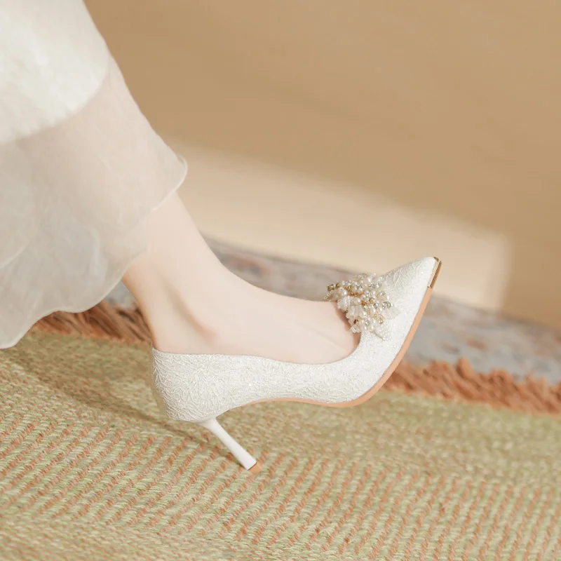 2025 New Luxury Pearl Crystal White Wedding Shoes Women Spring