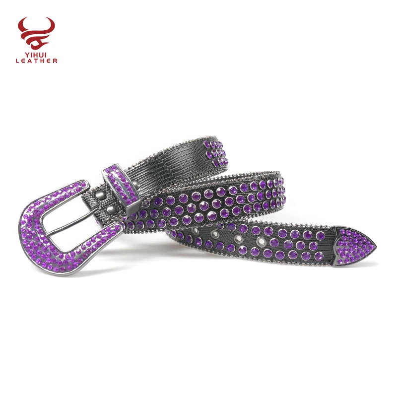 Custom Logo Designer Studded Bling Bling Straps Western Cowboy PU Leather Belt for Men Purple Crystal Rhinestone Belts BB Simon