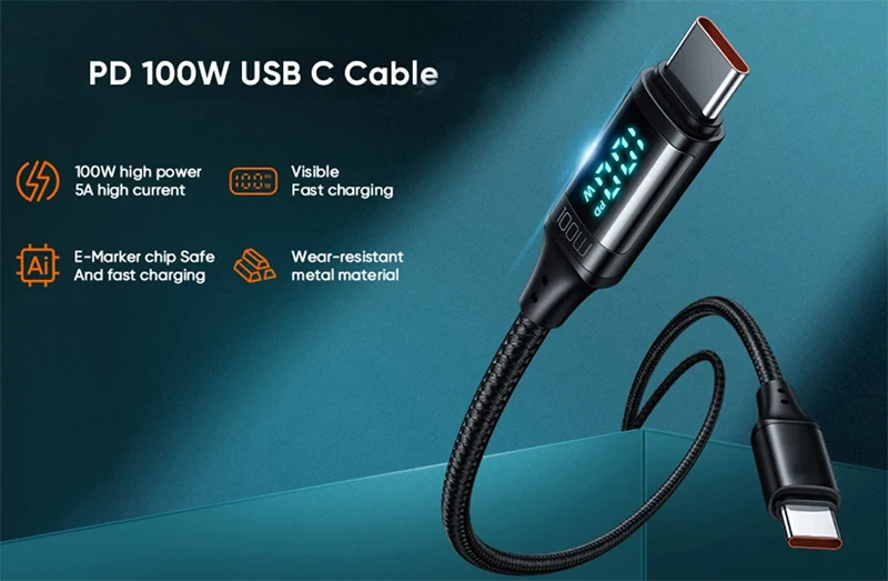 PD 100W 66W Nylon Braided USB-Type C LED Display Charger Data Cable 5A Fast Charging PVC Jacket USB C Phone Fast Charging Cable