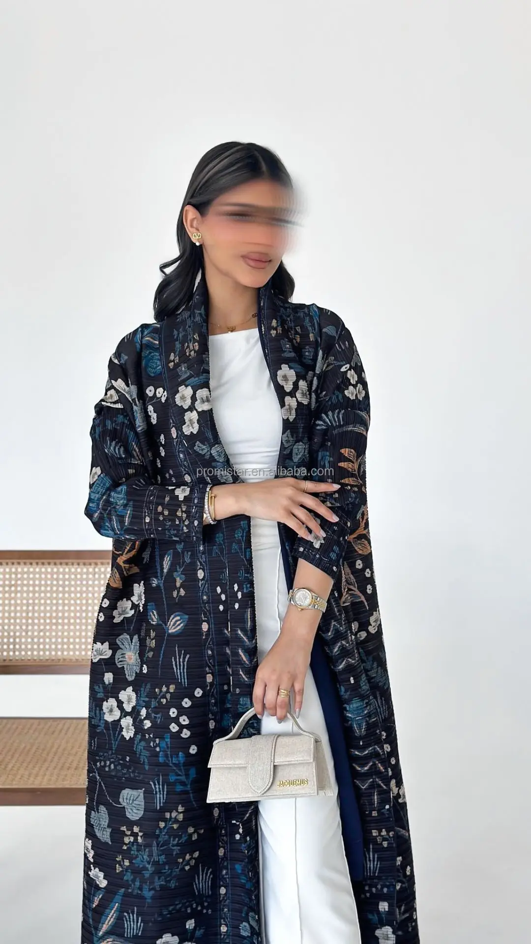 PROMISTAR Customizable High Quality Women's Modest Muslim Abaya Miyake Pleated Scarf Collar Belt Kaftan Robes Open ODM Plus Size