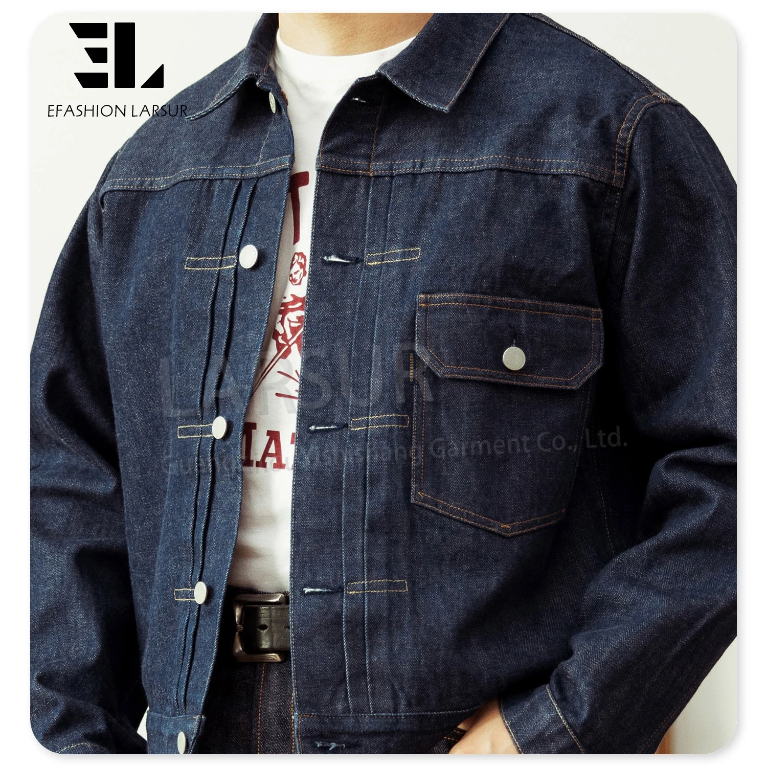 LARSUR Custom Denim Factory Heavy Raw Selvedge Denim Jacket With Buckle 11-15 oz Japanese Style Red Selvedges Jeans Jacket Men