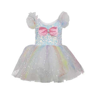 Girls Short Puff Sleeves Sequin Tulle Dress Pink Bow Rhinestone Decor Shiny Colorful Flared Skirt Sparkling Party Outfit