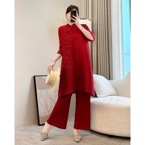 Miyake Women's Mid-Length Dress Simple Casual Summer Solid Color Western Style Age Reduction Pleated Trumpet Sleeve for Spring