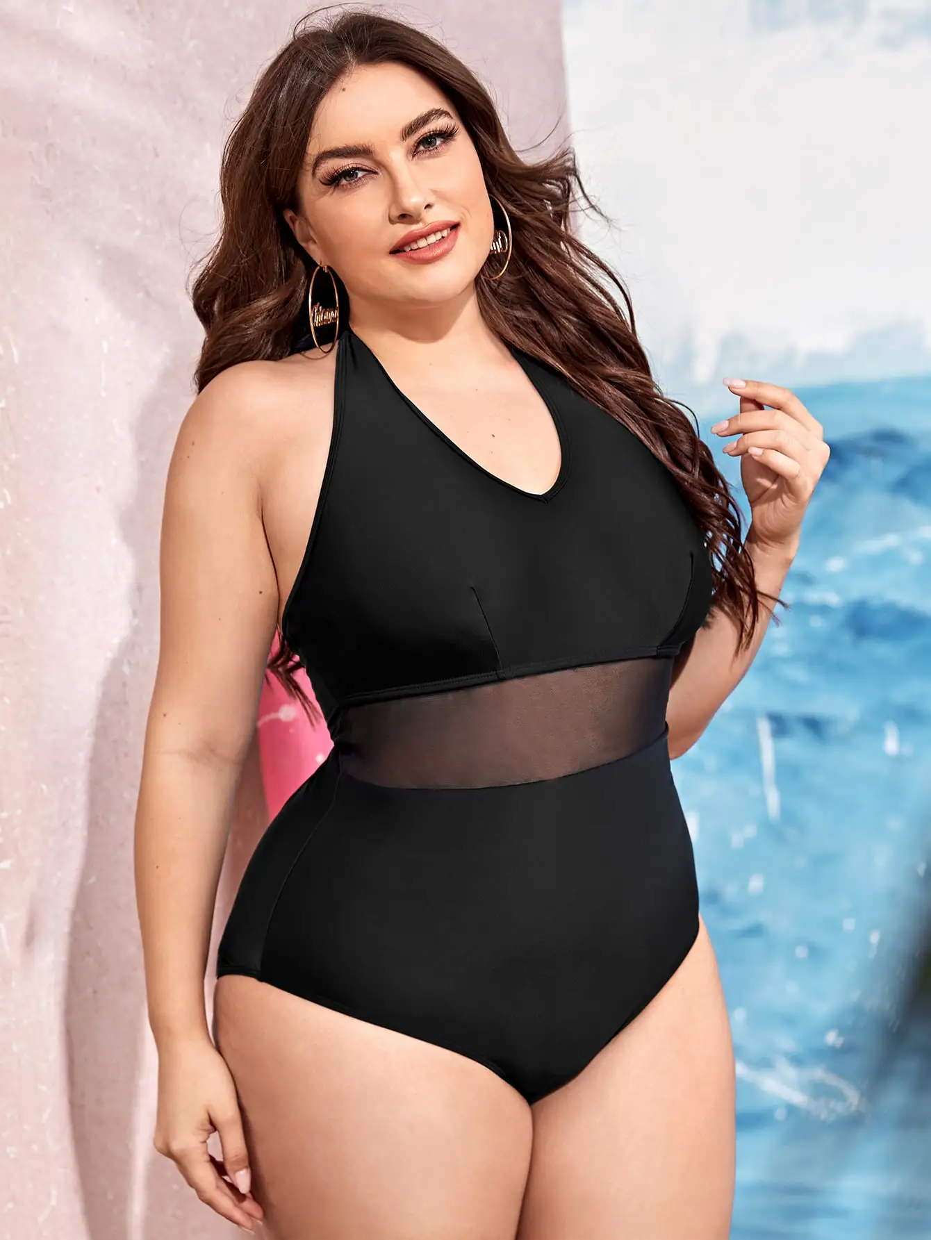 2022 new sexy one-piece solid color mesh splicing large women's Swimsuit Bikini plus fat plus size fat woman swimsuit