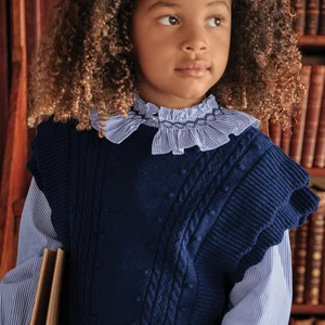 OEM and ODM Customized Girls Ruffle Blue Stripe   Shirt Long Sleeves Knitting Vest Girls Outfit