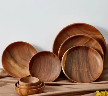 Restaurants African Large Small Round Oak Acacia Wood Flat Desk Names Teak  Sushi Food Dinner Plate Tray Wooden Plates for Food