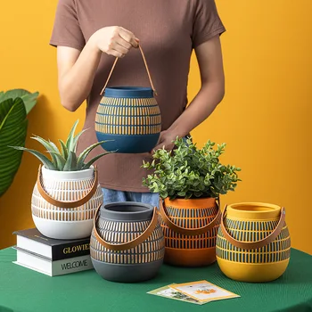 Ceramic Hanging Planter for Succulent Air Plants Flower Vase Home Garden Decor Flower Basket with Leather Strap Wall Flowerpots