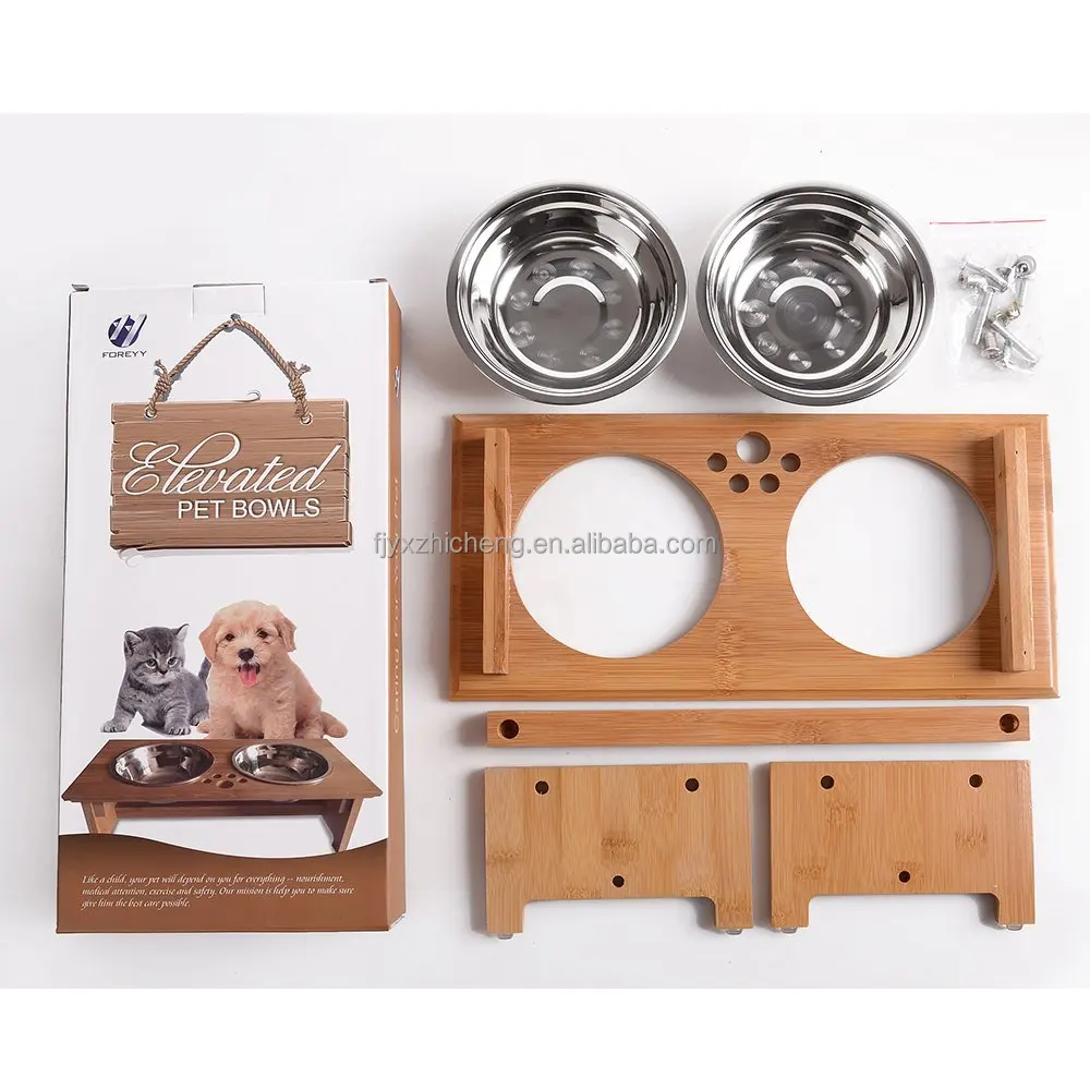 product elevated puppy food and water bowls set raised cat food bowls pet bowls with bamboo stand-2