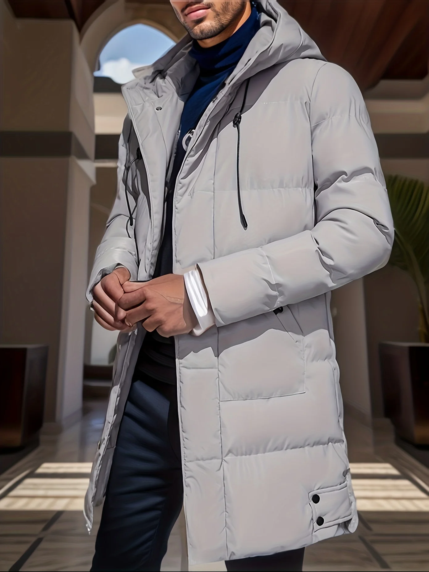 Warm Hooded Mid-length Jacket, Men's Casual Zip up Jacket Overcoat for Fall Winter Outdoor