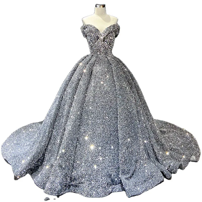 2024 Bride Off-Shoulder Ball Gown Wedding Dress Modern European American Sequins Dream Princess Trailing Performance Tutu Skirt