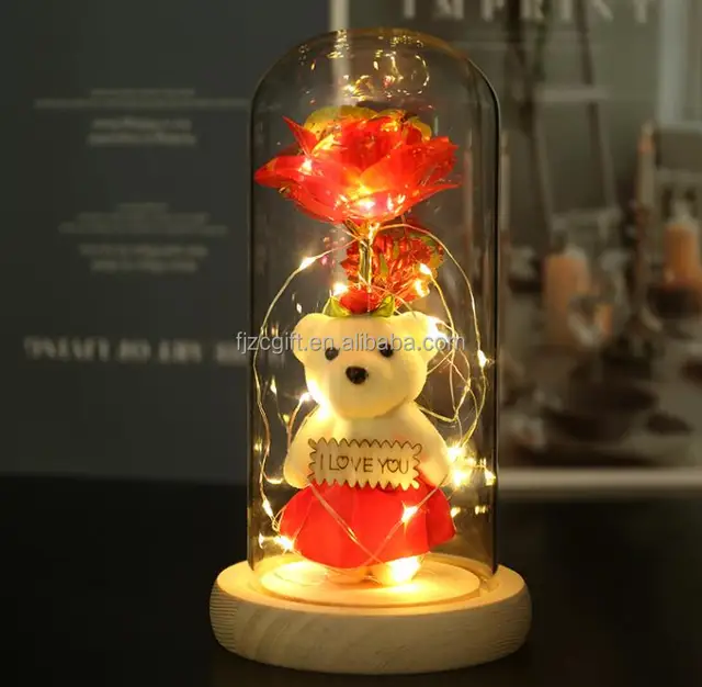 2025 New Hot Selling Christmas Valentine's Day Gift Led Light Glass Dome Galaxy Rose Flowers With One Mini Bear