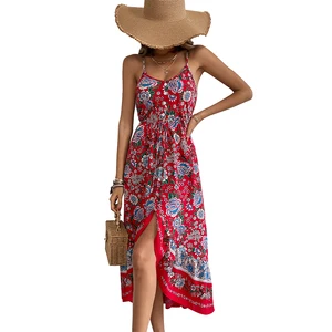 Women Sexy Spaghetti Strap Bohemian Floral Print V Neck Midi Dress Summer Boho Beach Wear Dresses