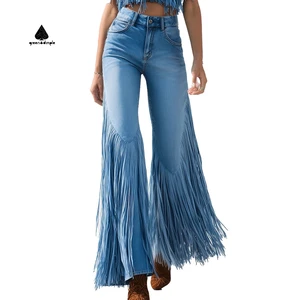 New Fashion Design Tassel Women's Casual Denim Jeans Pant Pour Femmes High Waist Retro Ladies Skinny Flared Jeans Trousers