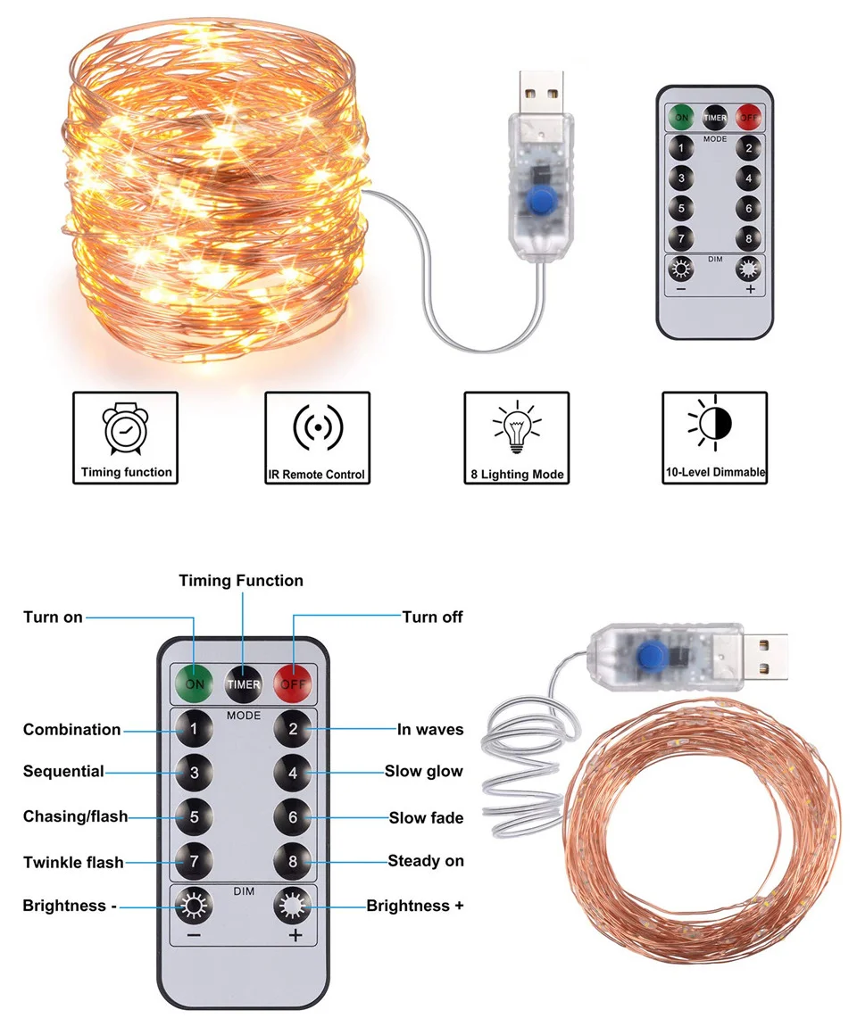 smart led christmas tree lights garland remote control 12m USB Diwali Lights copper wire holiday string lights decoration supplier