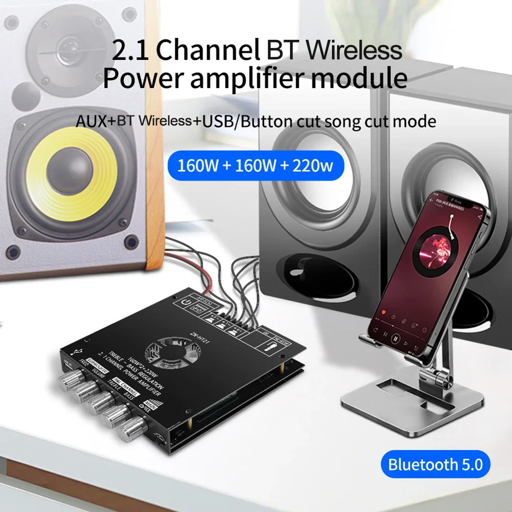 Creatall HT21 2.1 Channel 160WX2+220W HiFi Power Amplifier Board Module AUX/USB Input BT5.0 Digital Subwoofer Professional