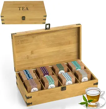 Hot sale bamboo kitchen storage box tea chest divider organizer tea bag classification and dispaly box