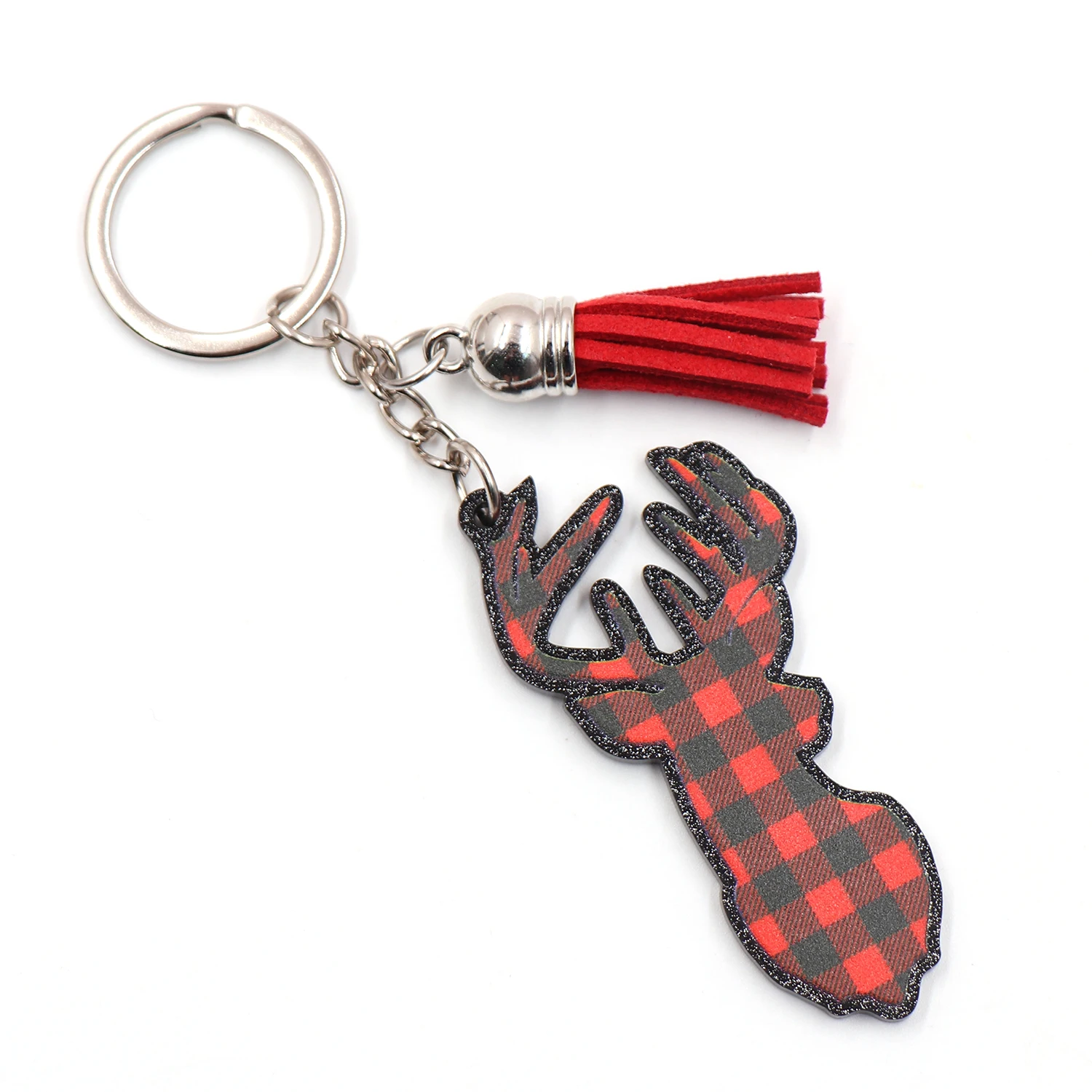 Customized KHS180KH1201  63.5mm The new listing CN Buffalo Plaid Deer Head christmas TRENDY Women Gift Acrylic Keychain