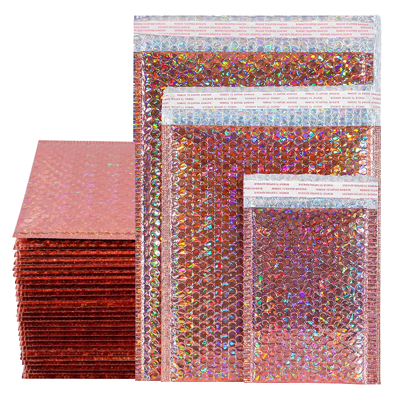 Custom Logo Pink Laser Metallic Mailer Shipping Envelope Padded Postal Satchels Bubble Poly Wrap Packaging Mailing Bag