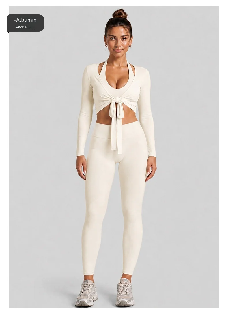 Quick Dry 3 Piece Yoga Set Halter Sports Tank Tie Front Long Sleeve Shrug High Waist Biker Shorts 4 Way Stretch — detail