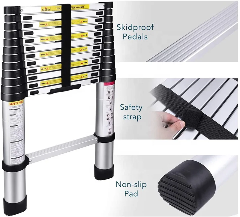 DX-60380 Telescopic Ladder Extendable Lightweight Ladder Aluminium Aluminum Alloy Steps Safety for Roofing Business 10.5 FT 3.8M