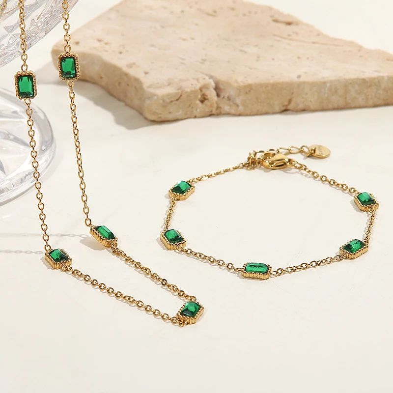 Dainty 18k Gold Plated Stainless Steel Birthstone Necklace for Women Charm Green Zircon Gemstone Necklace Bracelet
