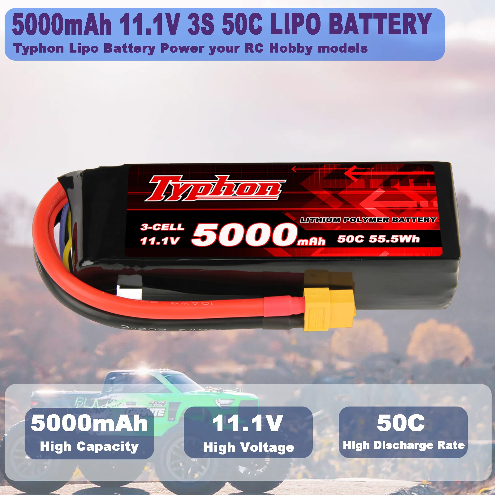 Batterie HRB Lipo 5000mAh 3S 11.1V 50C – Prise Deans T – Pour RC Voiture, Hélicoptère, Avion – Dimensions 155x48x24 Mm