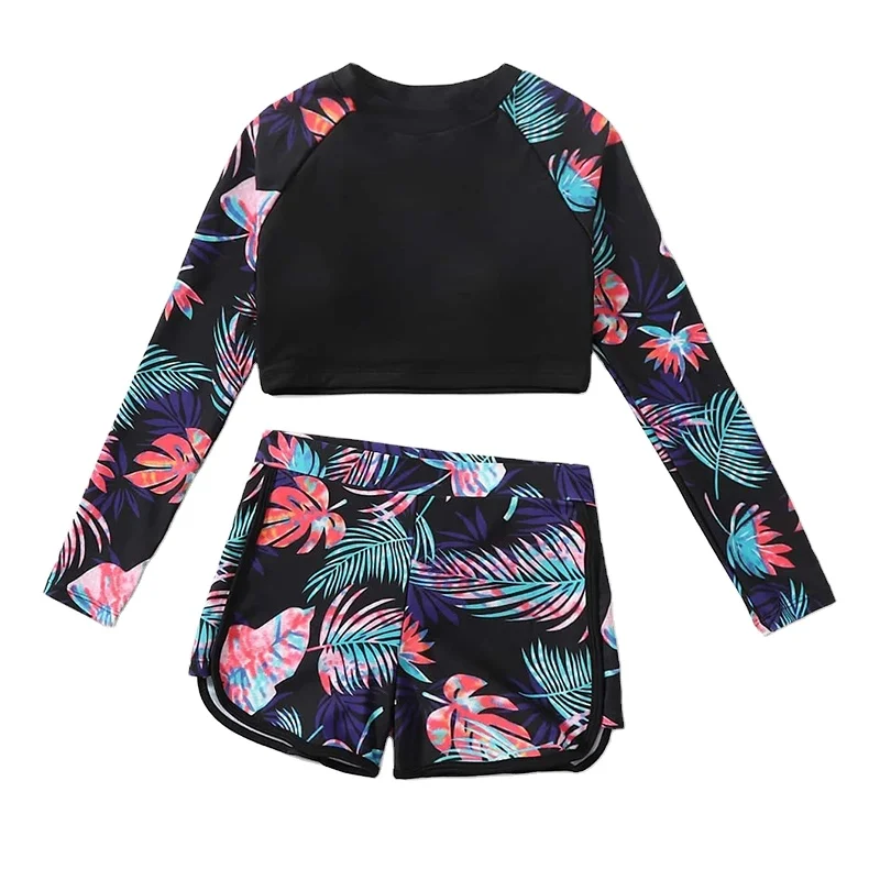 Bright Floral Print Rash Guard Bathing Suits For Kids