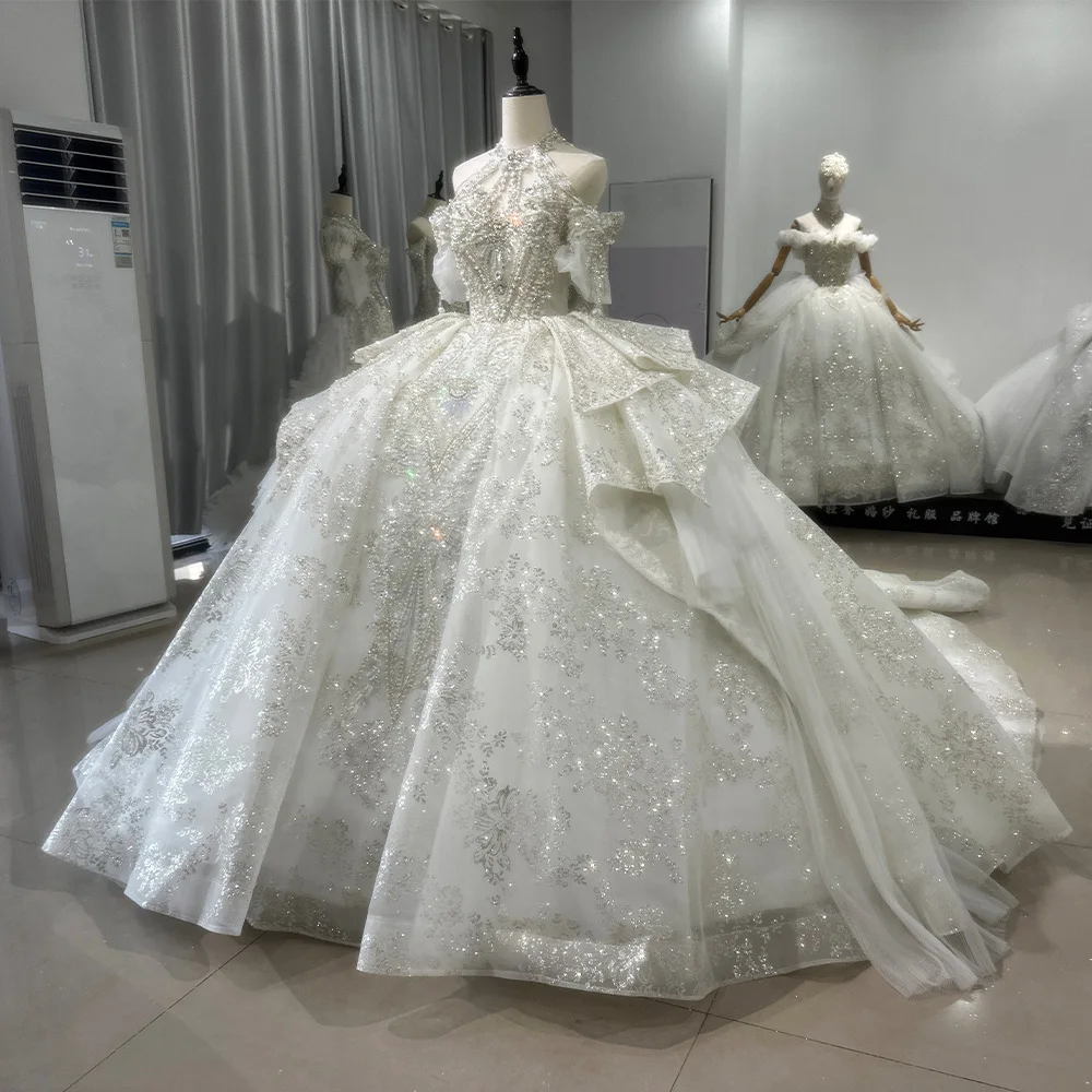 Jancember Xs092 Halter Ball Gown Wedding Dress With Beaded Lace & Crystal Appliques Oem| Min Order 1 ct