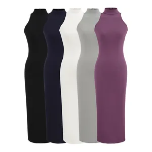Women's Basic Ribbed Knit Sleeveless Midi Tank Dress Wholesale Crewneck Knit Bodycon Simple Plain Dyed